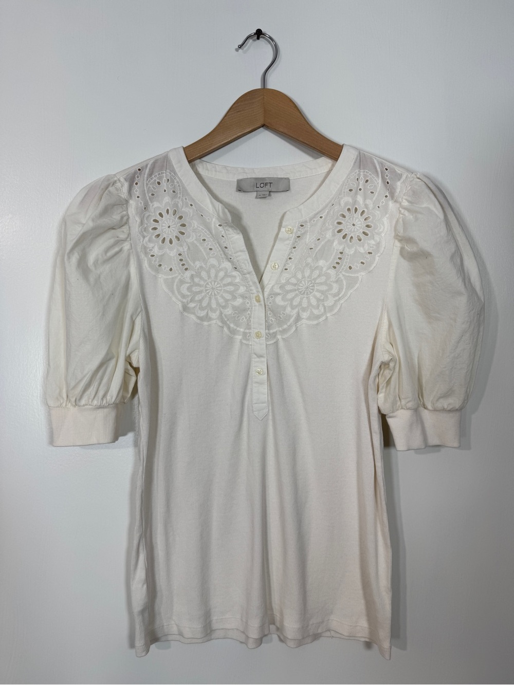 WSH163 {LOFT} Off White Eyelet Lace Puff Short Sleeve Henley Shirt Top Blouse